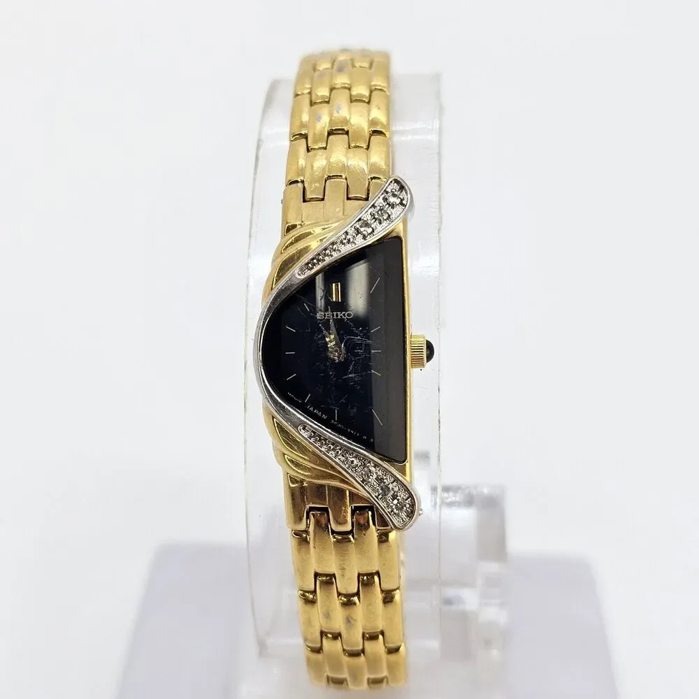 VTG Seiko Half Moon 14MM Women's Watch Black Dial Gold Tone Diamonds 6
